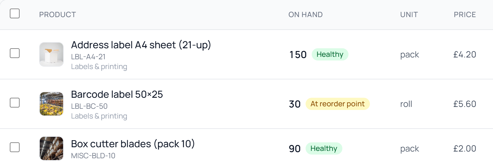 Three product rows up close: photo, SKU, live quantity, health status and price