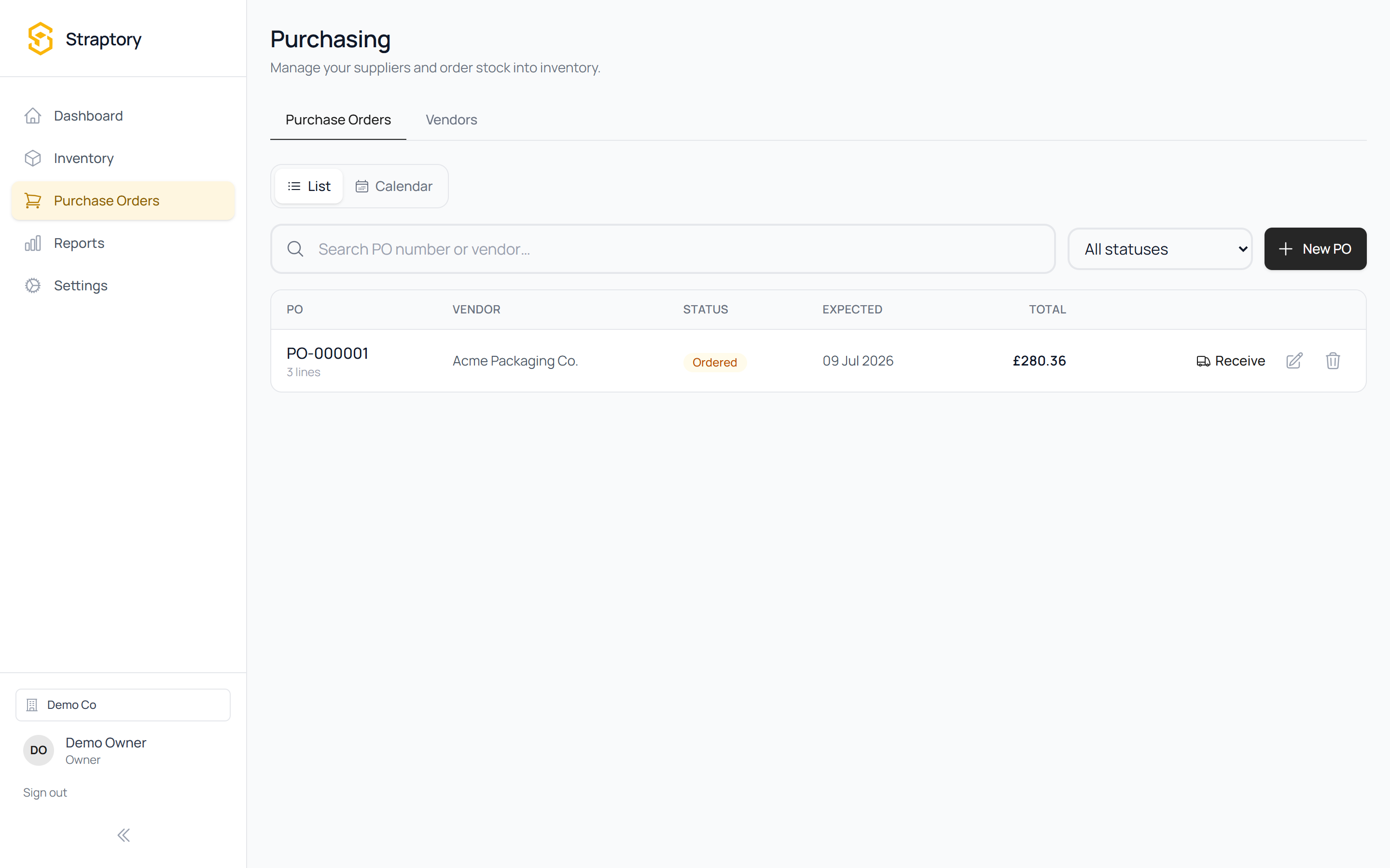 The Straptory purchase orders screen with an ordered PO awaiting receiving
